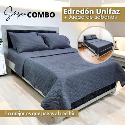 EDREDÓN UNIFAZ + JUEGO DE SÁBANAS GRIS CAMA DOBLE HOGARETO-SHIPPING