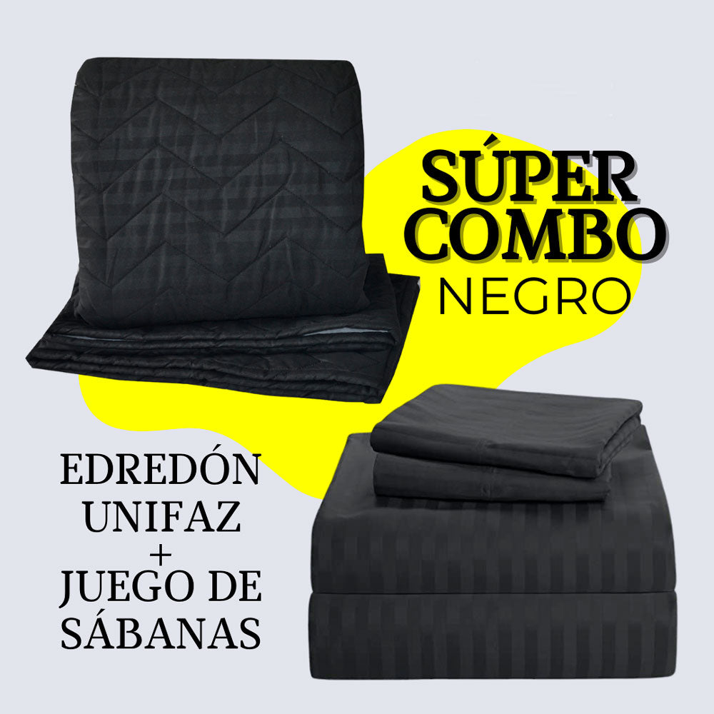 EDREDÓN UNIFAZ + JUEGO DE SÁBANAS NEGRO CAMA DOBLE HOGARETO-SHIPPING