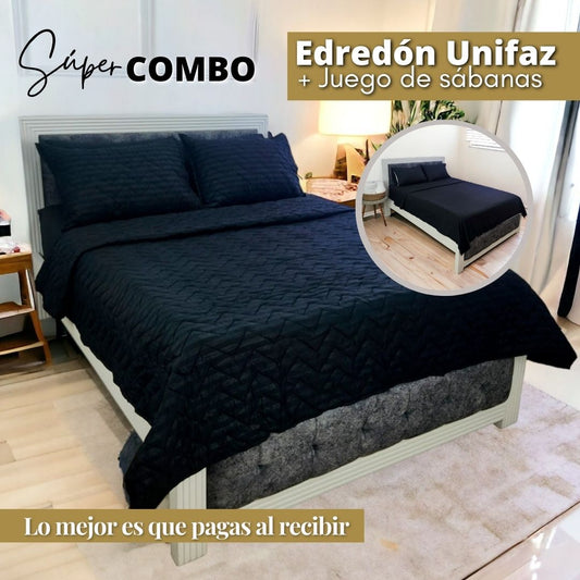 EDREDÓN UNIFAZ + JUEGO DE SÁBANAS NEGRO CAMA DOBLE HOGARETO-SHIPPING