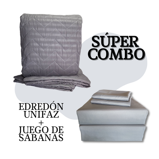 EDREDÓN UNIFAZ + JUEGO DE SÁBANAS GRIS CAMA DOBLE HOGARETO-SHIPPING